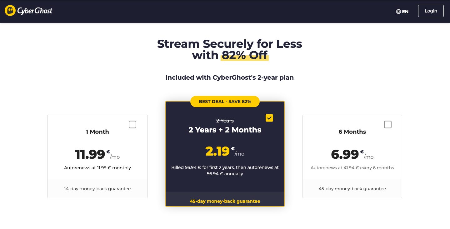 Таблица цен cyberghostvpn.com/buy: 1 месяц 11.99€/мес, 2 года + 2 месяца 2.19€/мес с оплатой 56.94€ и продлением по 56.94€ в год, 6 месяцев 6.99€/мес